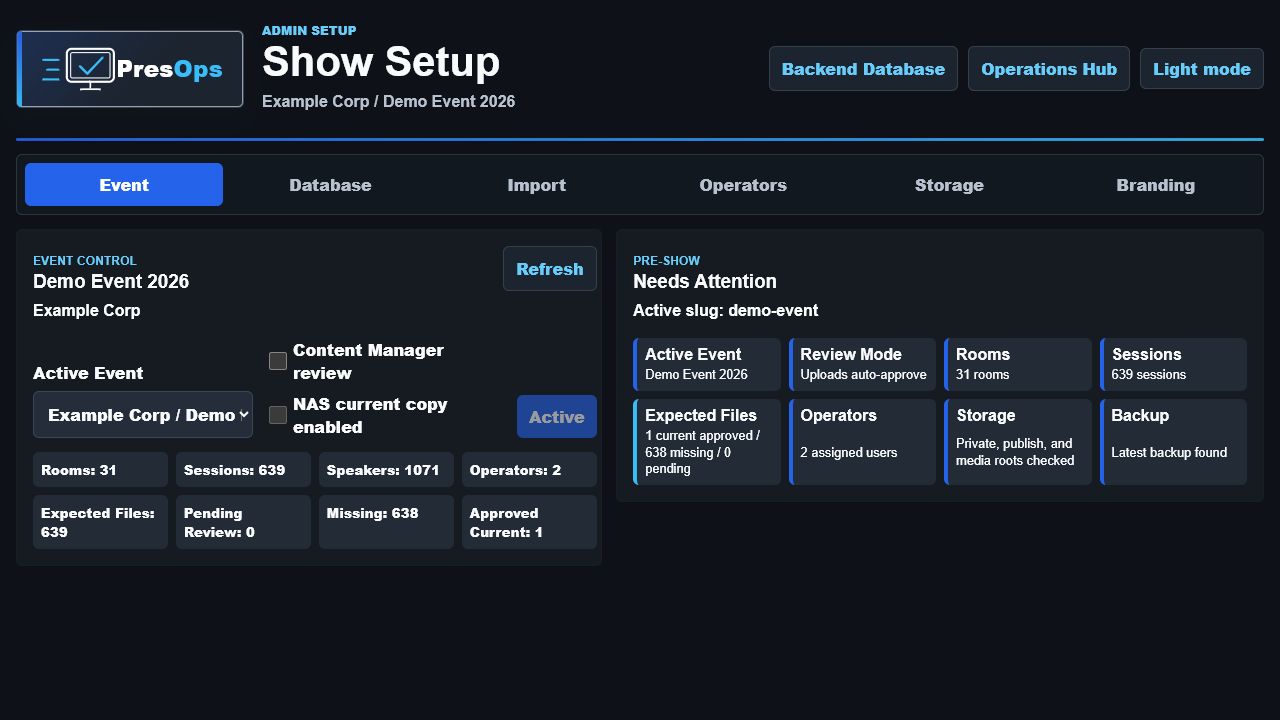 PresOps Show Setup screen
